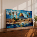 A panoramic abstract painting of the Dome of the Rock in Jerusalem featuring its golden dome centered among palm trees and stone walls, reflected in water below, with vivid blue skies and expressive brushstrokes creating texture, depth, and a dynamic interpretation of historic Islamic architecture.