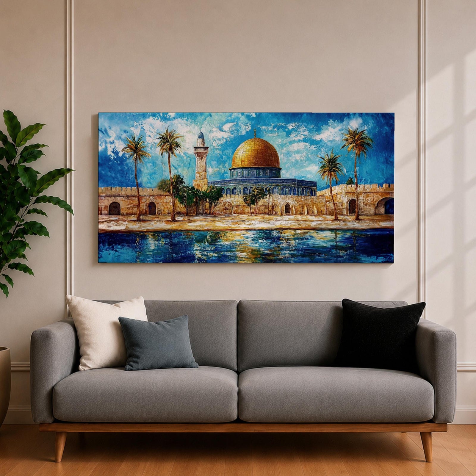 A panoramic abstract painting of the Dome of the Rock in Jerusalem featuring its golden dome centered among palm trees and stone walls, reflected in water below, with vivid blue skies and expressive brushstrokes creating texture, depth, and a dynamic interpretation of historic Islamic architecture.