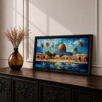 A panoramic abstract painting of the Dome of the Rock in Jerusalem featuring its golden dome centered among palm trees and stone walls, reflected in water below, with vivid blue skies and expressive brushstrokes creating texture, depth, and a dynamic interpretation of historic Islamic architecture.
