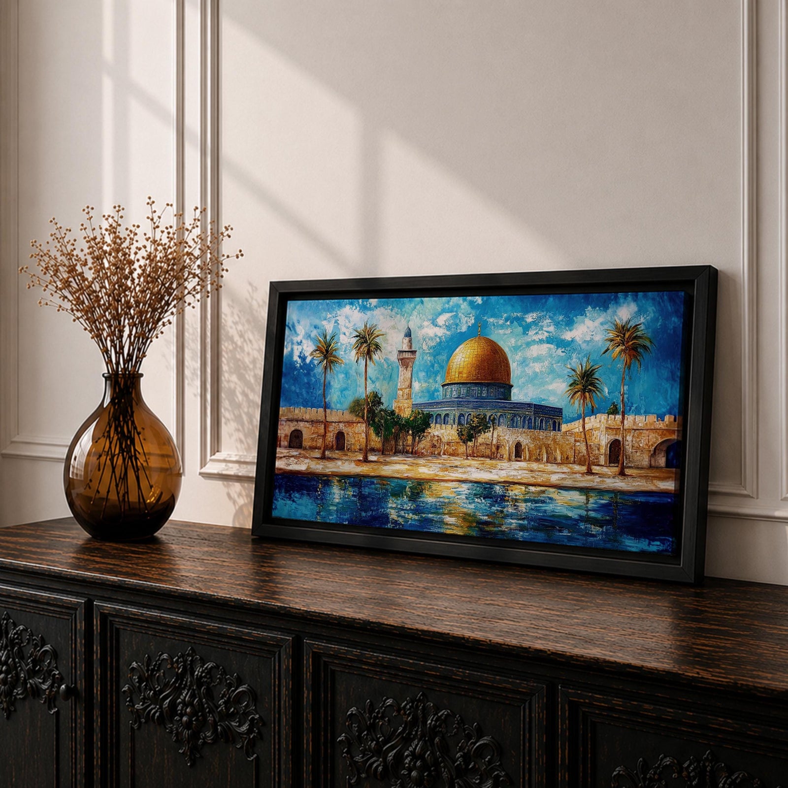 A panoramic abstract painting of the Dome of the Rock in Jerusalem featuring its golden dome centered among palm trees and stone walls, reflected in water below, with vivid blue skies and expressive brushstrokes creating texture, depth, and a dynamic interpretation of historic Islamic architecture.