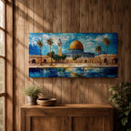 A panoramic abstract painting of the Dome of the Rock in Jerusalem featuring its golden dome centered among palm trees and stone walls, reflected in water below, with vivid blue skies and expressive brushstrokes creating texture, depth, and a dynamic interpretation of historic Islamic architecture.