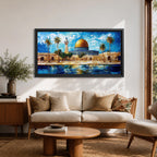 A panoramic abstract painting of the Dome of the Rock in Jerusalem featuring its golden dome centered among palm trees and stone walls, reflected in water below, with vivid blue skies and expressive brushstrokes creating texture, depth, and a dynamic interpretation of historic Islamic architecture.