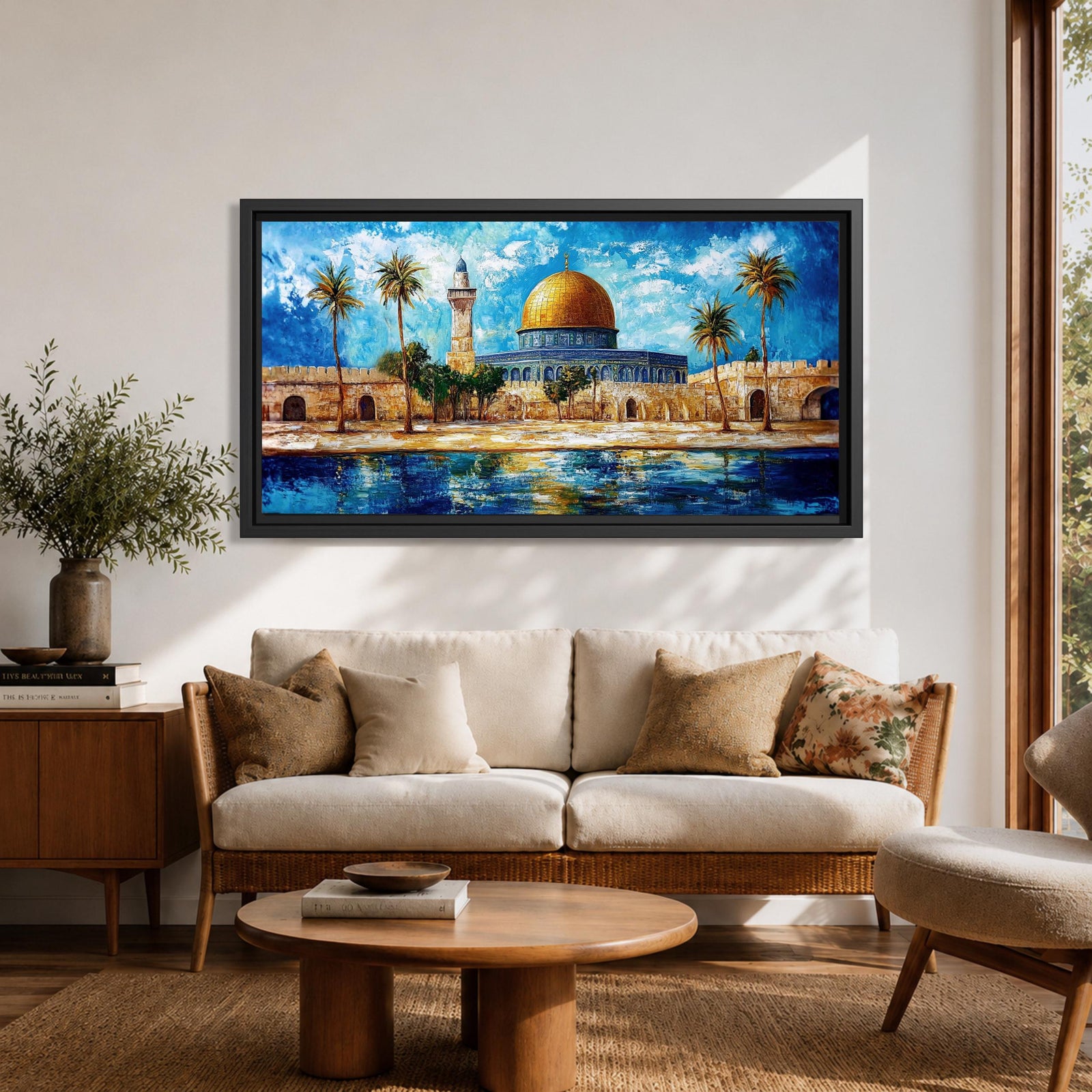 A panoramic abstract painting of the Dome of the Rock in Jerusalem featuring its golden dome centered among palm trees and stone walls, reflected in water below, with vivid blue skies and expressive brushstrokes creating texture, depth, and a dynamic interpretation of historic Islamic architecture.