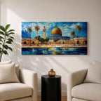 A panoramic abstract painting of the Dome of the Rock in Jerusalem featuring its golden dome centered among palm trees and stone walls, reflected in water below, with vivid blue skies and expressive brushstrokes creating texture, depth, and a dynamic interpretation of historic Islamic architecture.