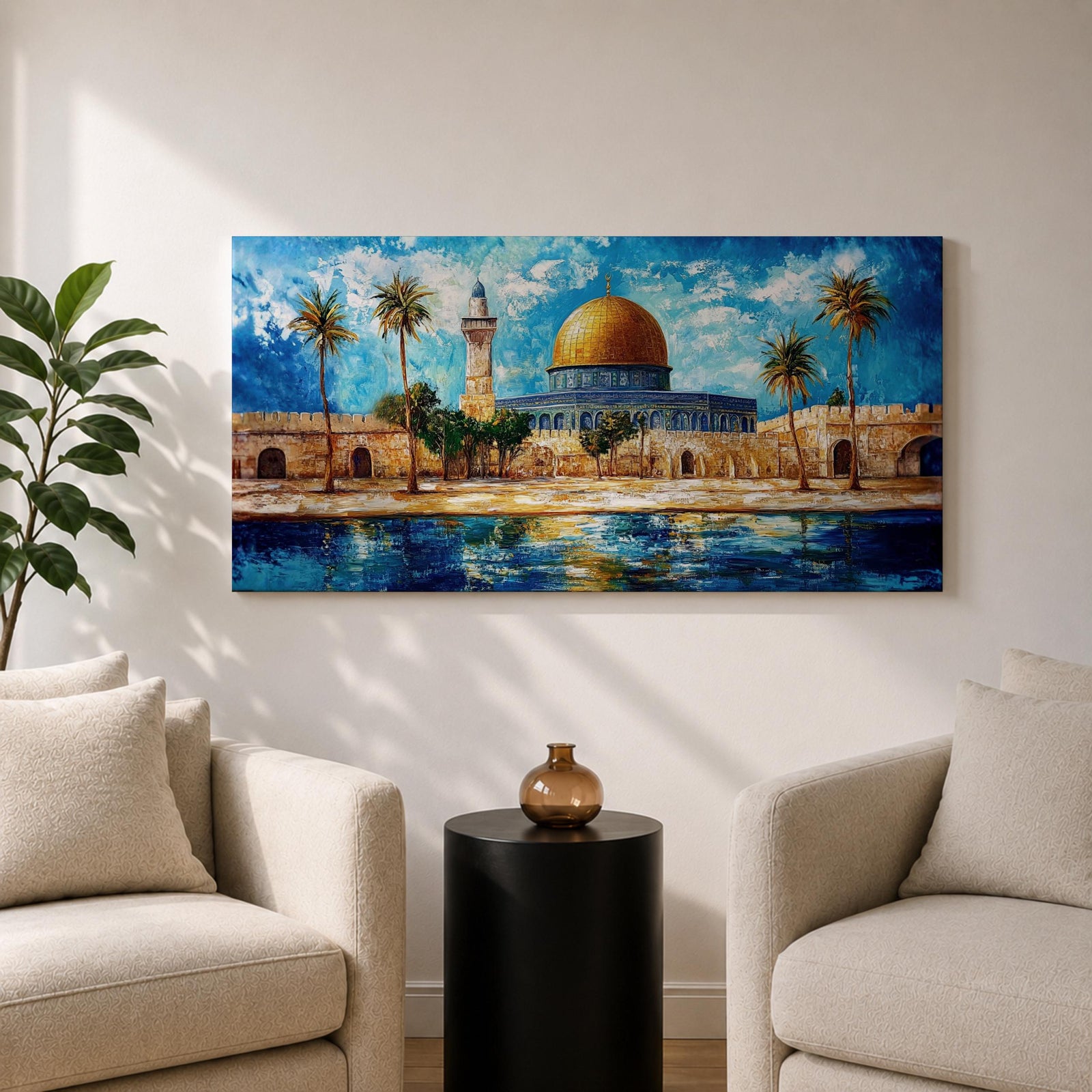 A panoramic abstract painting of the Dome of the Rock in Jerusalem featuring its golden dome centered among palm trees and stone walls, reflected in water below, with vivid blue skies and expressive brushstrokes creating texture, depth, and a dynamic interpretation of historic Islamic architecture.