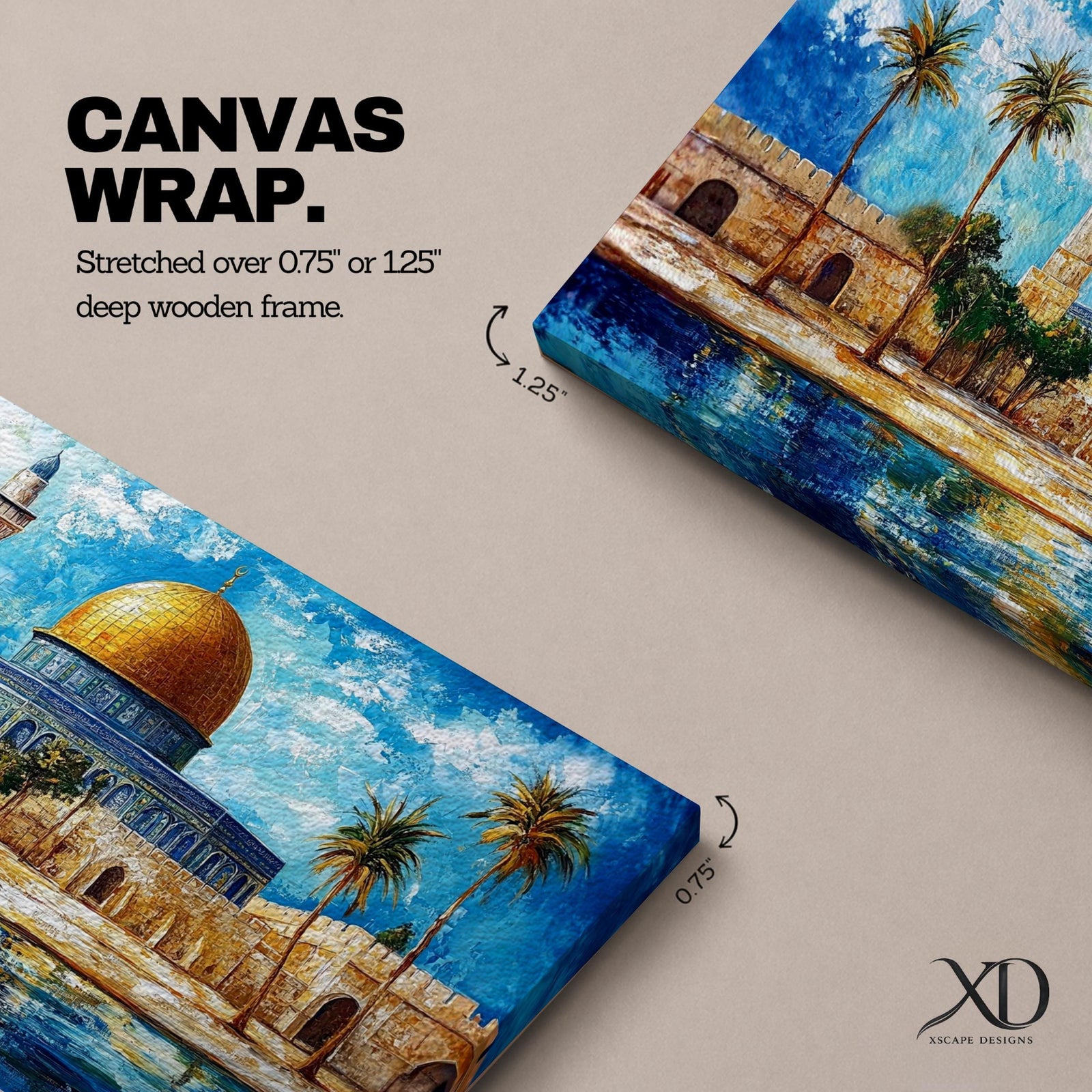 A panoramic abstract painting of the Dome of the Rock in Jerusalem featuring its golden dome centered among palm trees and stone walls, reflected in water below, with vivid blue skies and expressive brushstrokes creating texture, depth, and a dynamic interpretation of historic Islamic architecture.