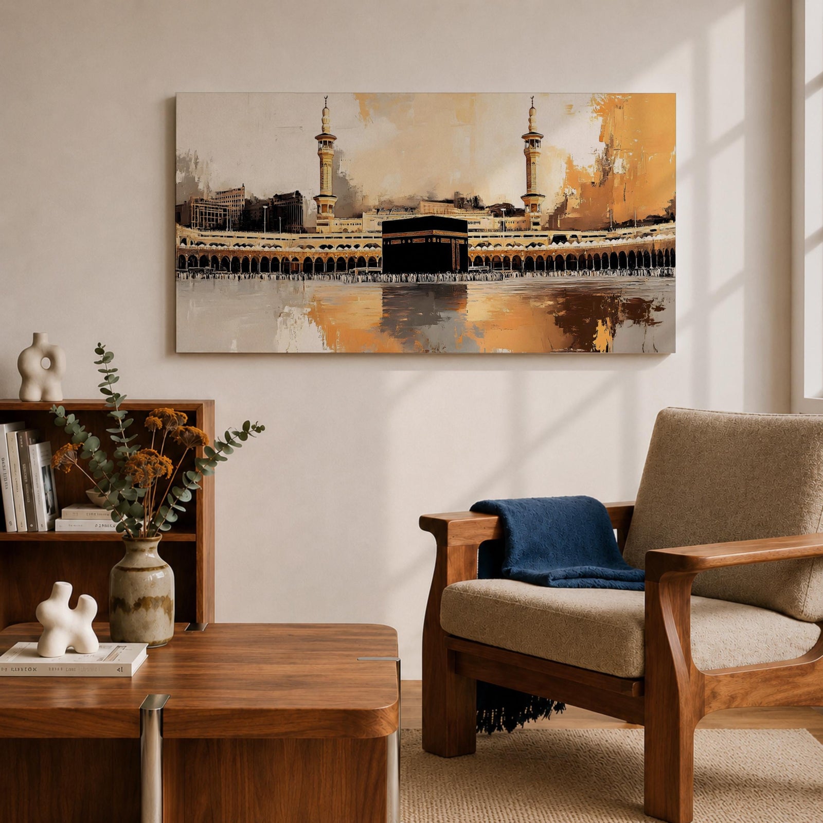 A panoramic abstract painting of the Kaaba at Masjid al Haram centered within a vast courtyard, surrounded by repeating arches and tall minarets, rendered with expressive brushstrokes, textured layers, and warm tonal contrasts that emphasize reflection, symmetry, and a modern interpretation of sacred architecture.