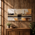 A panoramic abstract painting of the Kaaba at Masjid al Haram centered within a vast courtyard, surrounded by repeating arches and tall minarets, rendered with expressive brushstrokes, textured layers, and warm tonal contrasts that emphasize reflection, symmetry, and a modern interpretation of sacred architecture.