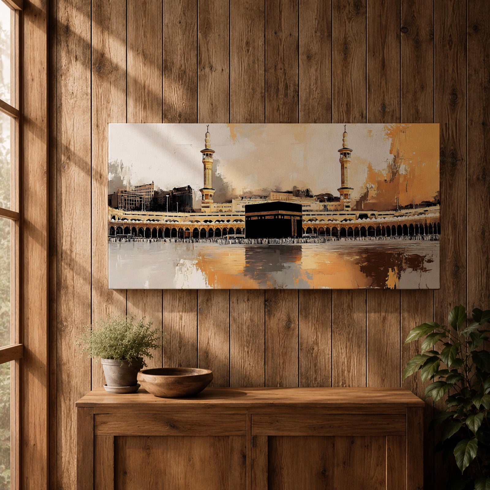 A panoramic abstract painting of the Kaaba at Masjid al Haram centered within a vast courtyard, surrounded by repeating arches and tall minarets, rendered with expressive brushstrokes, textured layers, and warm tonal contrasts that emphasize reflection, symmetry, and a modern interpretation of sacred architecture.