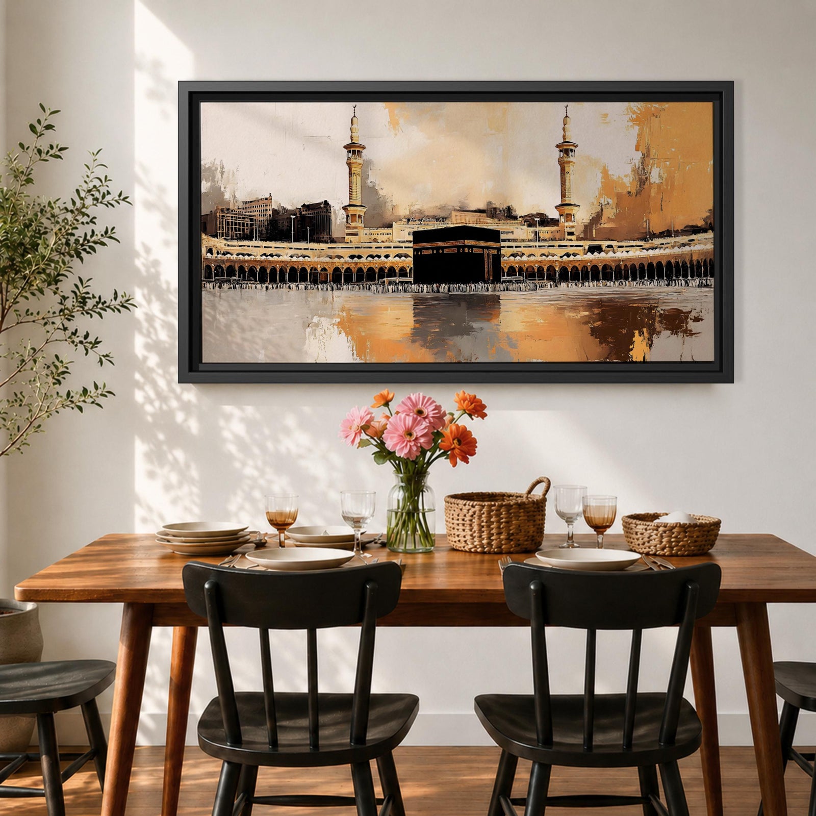 A panoramic abstract painting of the Kaaba at Masjid al Haram centered within a vast courtyard, surrounded by repeating arches and tall minarets, rendered with expressive brushstrokes, textured layers, and warm tonal contrasts that emphasize reflection, symmetry, and a modern interpretation of sacred architecture.