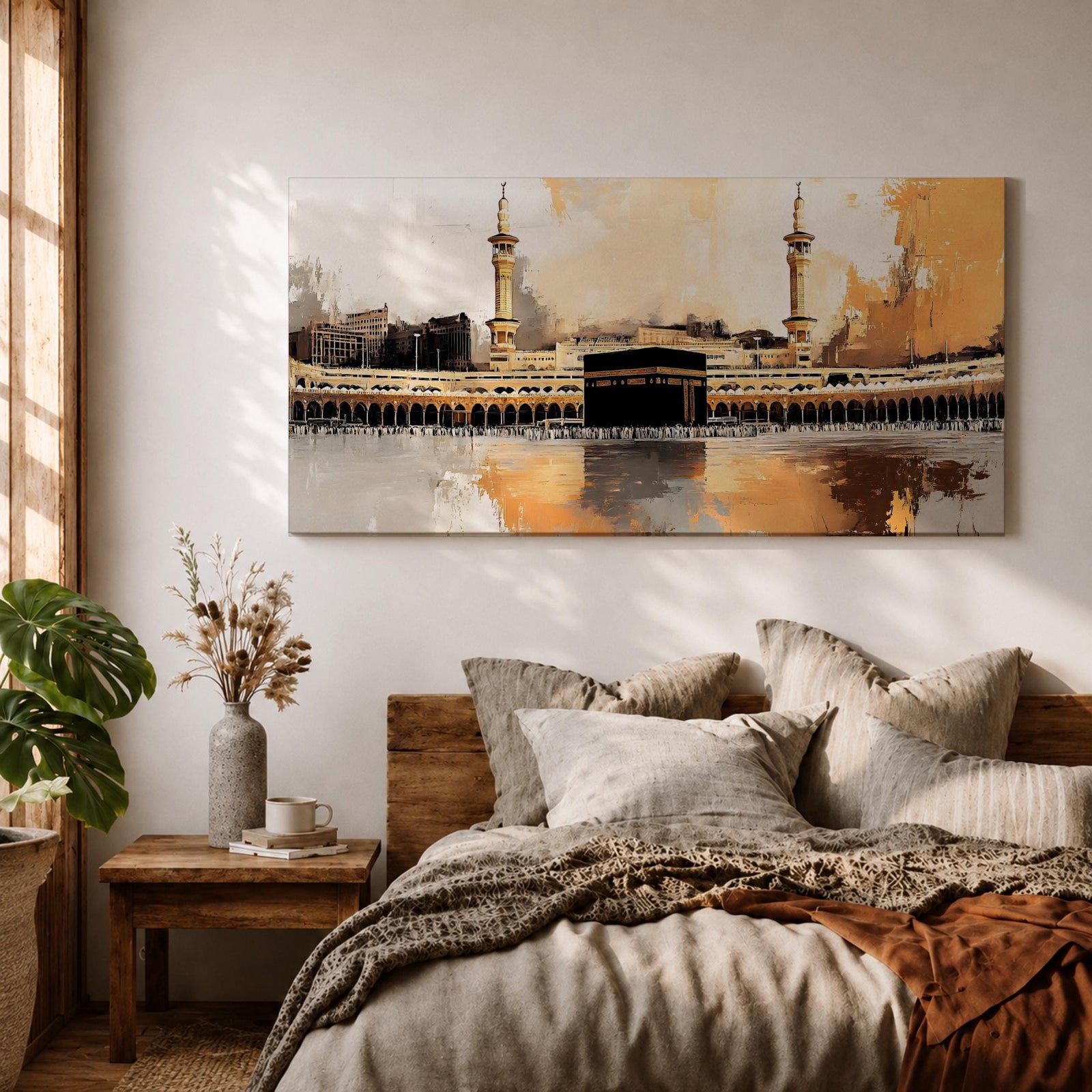 A panoramic abstract painting of the Kaaba at Masjid al Haram centered within a vast courtyard, surrounded by repeating arches and tall minarets, rendered with expressive brushstrokes, textured layers, and warm tonal contrasts that emphasize reflection, symmetry, and a modern interpretation of sacred architecture.