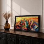 A panoramic vibrant painting of the Statue of Liberty rising above a sweeping aerial view of the New York City skyline at sunset, with bold geometric buildings in warm oranges and reds, contrasted by cool blues of water and sky, rendered in dynamic brushstrokes that create depth, movement, and a dramatic cityscape composition.