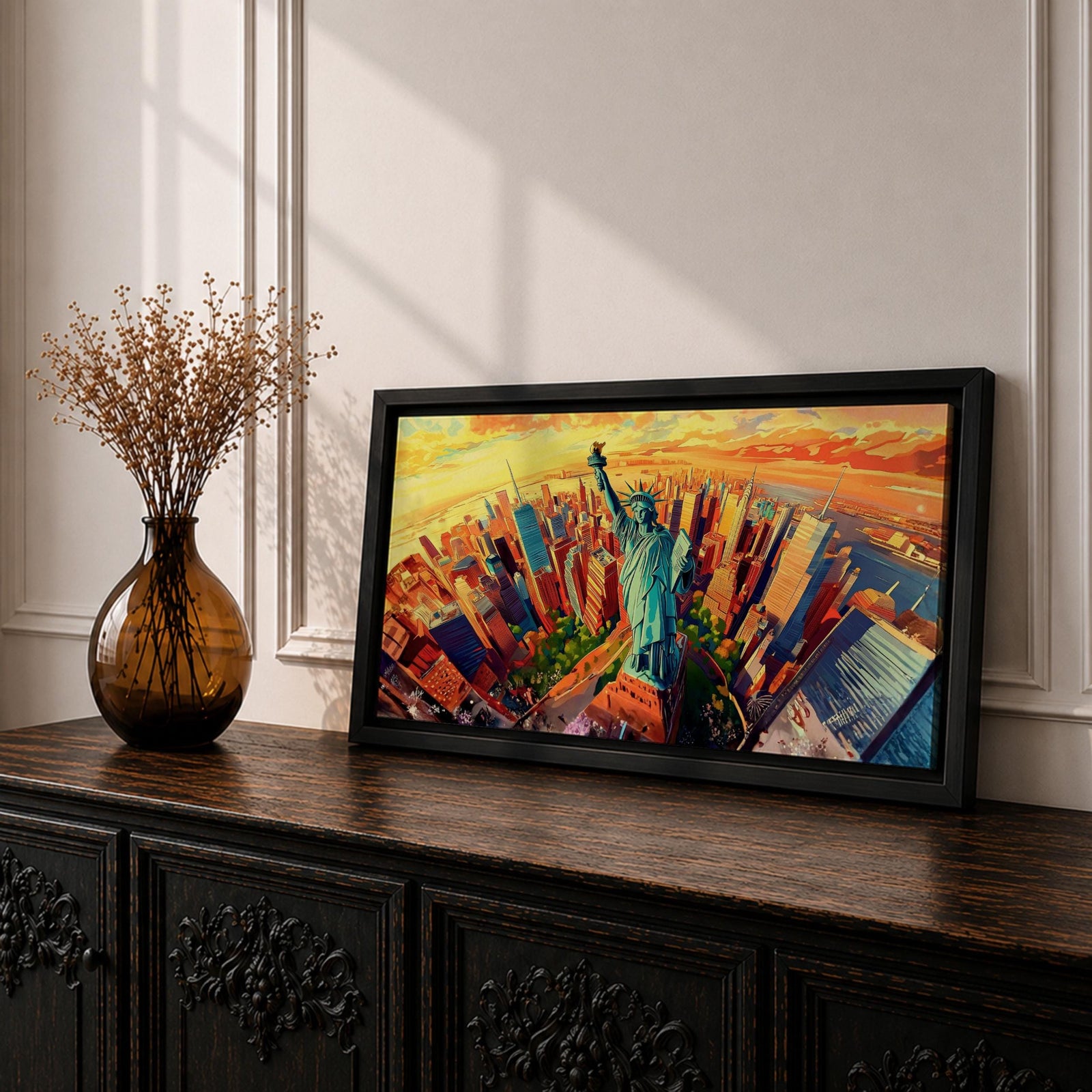 A panoramic vibrant painting of the Statue of Liberty rising above a sweeping aerial view of the New York City skyline at sunset, with bold geometric buildings in warm oranges and reds, contrasted by cool blues of water and sky, rendered in dynamic brushstrokes that create depth, movement, and a dramatic cityscape composition.