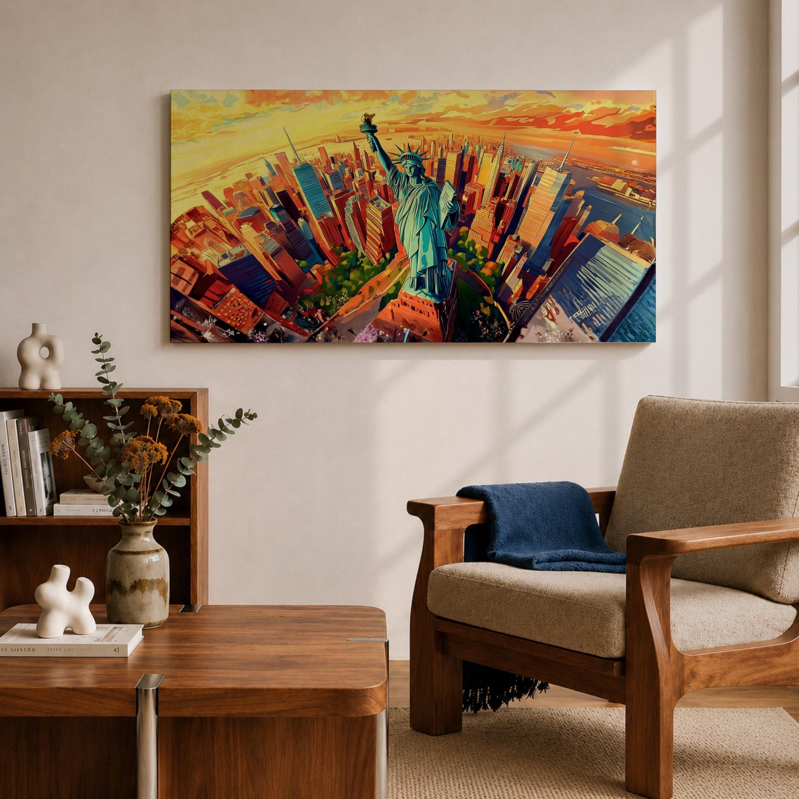 A panoramic vibrant painting of the Statue of Liberty rising above a sweeping aerial view of the New York City skyline at sunset, with bold geometric buildings in warm oranges and reds, contrasted by cool blues of water and sky, rendered in dynamic brushstrokes that create depth, movement, and a dramatic cityscape composition.