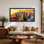 A panoramic vibrant painting of the Statue of Liberty rising above a sweeping aerial view of the New York City skyline at sunset, with bold geometric buildings in warm oranges and reds, contrasted by cool blues of water and sky, rendered in dynamic brushstrokes that create depth, movement, and a dramatic cityscape composition.