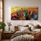 A panoramic vibrant painting of the Statue of Liberty rising above a sweeping aerial view of the New York City skyline at sunset, with bold geometric buildings in warm oranges and reds, contrasted by cool blues of water and sky, rendered in dynamic brushstrokes that create depth, movement, and a dramatic cityscape composition.