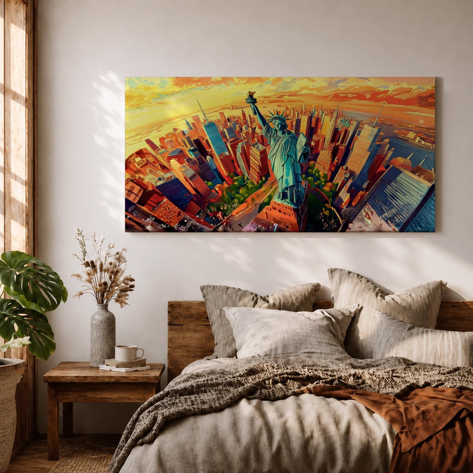 A panoramic vibrant painting of the Statue of Liberty rising above a sweeping aerial view of the New York City skyline at sunset, with bold geometric buildings in warm oranges and reds, contrasted by cool blues of water and sky, rendered in dynamic brushstrokes that create depth, movement, and a dramatic cityscape composition.