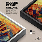 A panoramic vibrant painting of the Statue of Liberty rising above a sweeping aerial view of the New York City skyline at sunset, with bold geometric buildings in warm oranges and reds, contrasted by cool blues of water and sky, rendered in dynamic brushstrokes that create depth, movement, and a dramatic cityscape composition.
