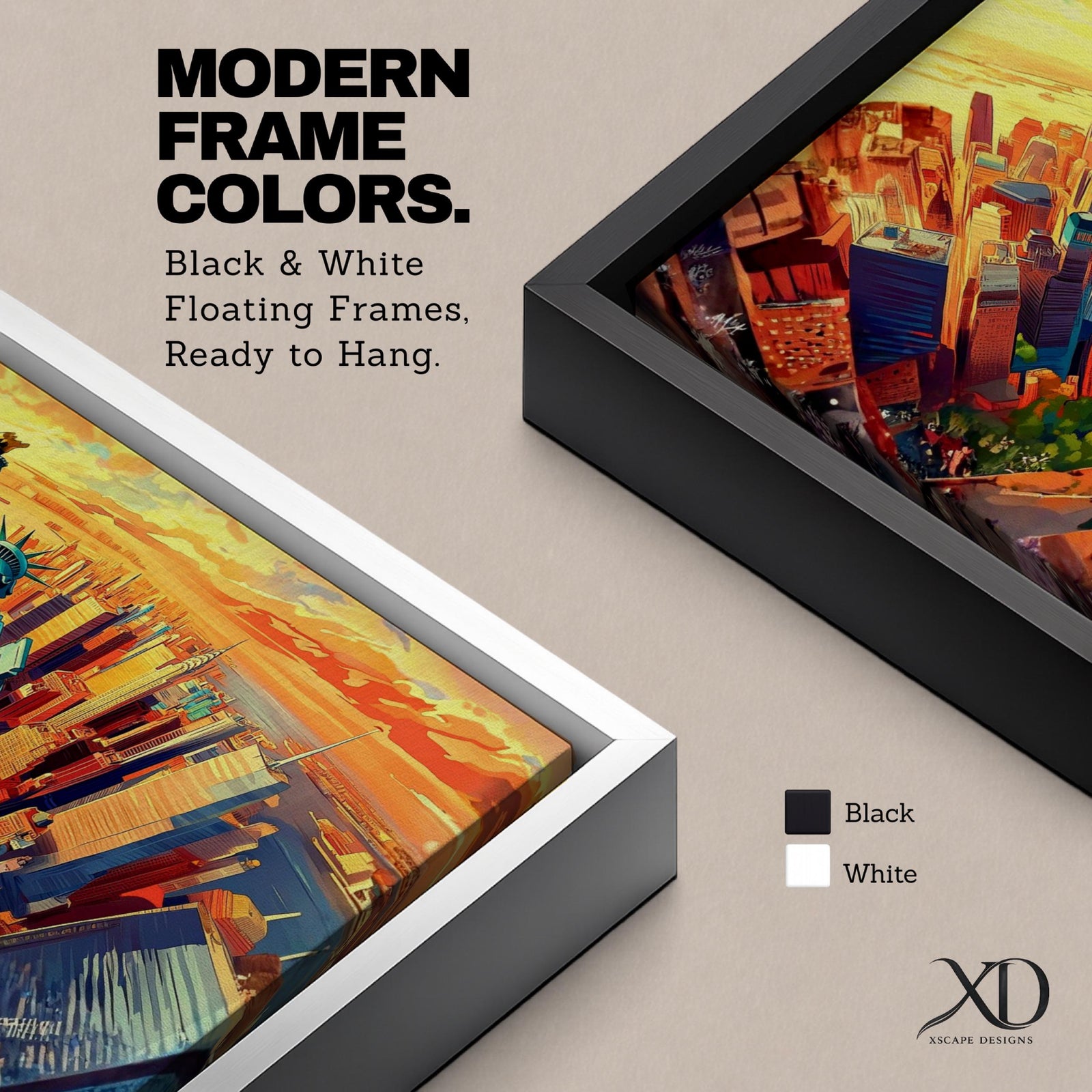 A panoramic vibrant painting of the Statue of Liberty rising above a sweeping aerial view of the New York City skyline at sunset, with bold geometric buildings in warm oranges and reds, contrasted by cool blues of water and sky, rendered in dynamic brushstrokes that create depth, movement, and a dramatic cityscape composition.