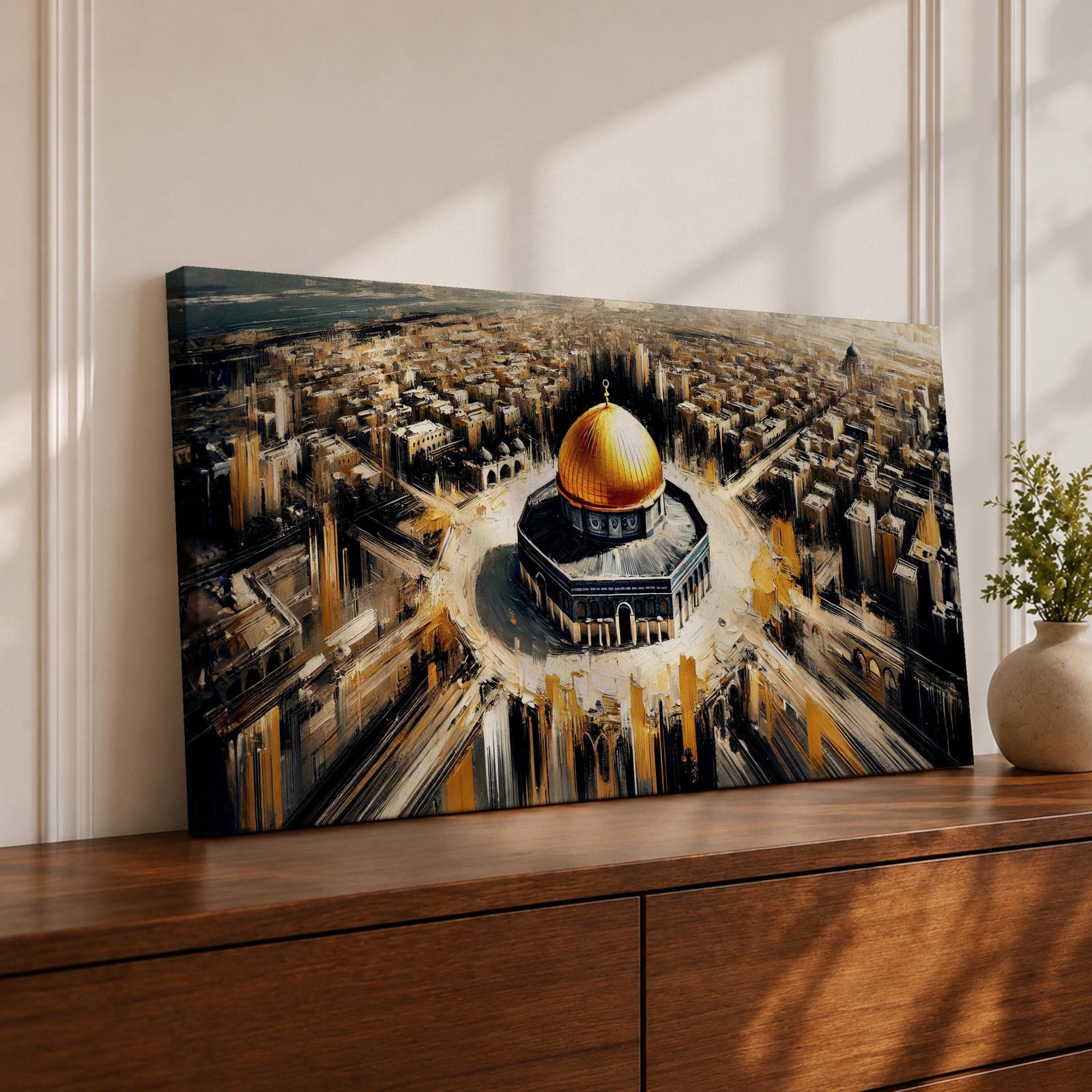 A panoramic expressive painting of Masjid Al Aqsa with its golden dome centered within a sweeping aerial view of Jerusalem, surrounded by dense architectural forms rendered in textured strokes, with dynamic lines and contrasting tones that create movement, depth, and a dramatic cityscape composition.
