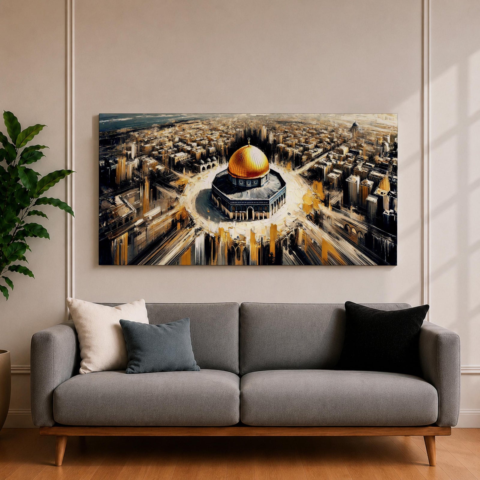 A panoramic expressive painting of Masjid Al Aqsa with its golden dome centered within a sweeping aerial view of Jerusalem, surrounded by dense architectural forms rendered in textured strokes, with dynamic lines and contrasting tones that create movement, depth, and a dramatic cityscape composition.