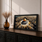 A panoramic expressive painting of Masjid Al Aqsa with its golden dome centered within a sweeping aerial view of Jerusalem, surrounded by dense architectural forms rendered in textured strokes, with dynamic lines and contrasting tones that create movement, depth, and a dramatic cityscape composition.