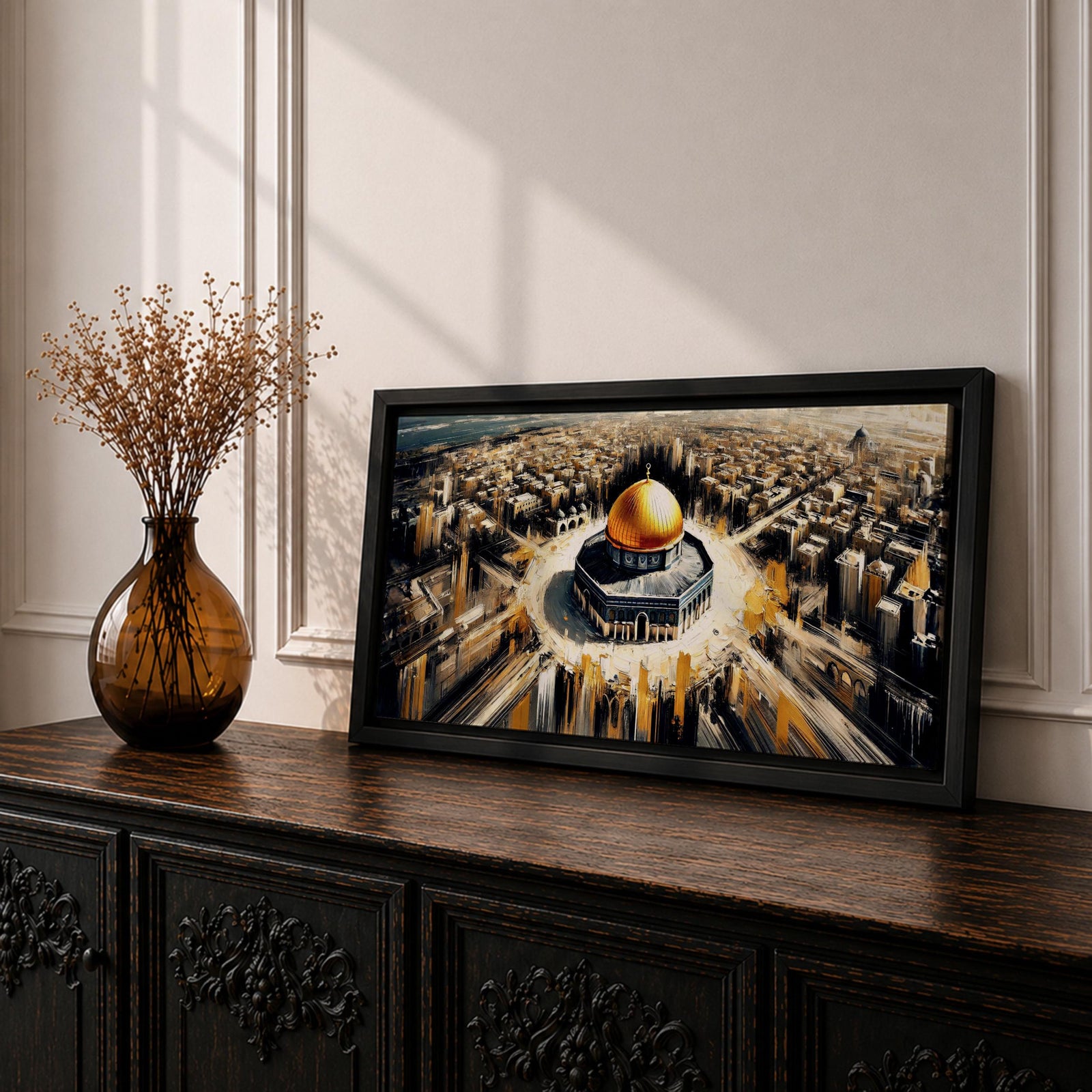 A panoramic expressive painting of Masjid Al Aqsa with its golden dome centered within a sweeping aerial view of Jerusalem, surrounded by dense architectural forms rendered in textured strokes, with dynamic lines and contrasting tones that create movement, depth, and a dramatic cityscape composition.