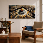 A panoramic expressive painting of Masjid Al Aqsa with its golden dome centered within a sweeping aerial view of Jerusalem, surrounded by dense architectural forms rendered in textured strokes, with dynamic lines and contrasting tones that create movement, depth, and a dramatic cityscape composition.