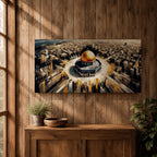 A panoramic expressive painting of Masjid Al Aqsa with its golden dome centered within a sweeping aerial view of Jerusalem, surrounded by dense architectural forms rendered in textured strokes, with dynamic lines and contrasting tones that create movement, depth, and a dramatic cityscape composition.