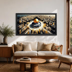 A panoramic expressive painting of Masjid Al Aqsa with its golden dome centered within a sweeping aerial view of Jerusalem, surrounded by dense architectural forms rendered in textured strokes, with dynamic lines and contrasting tones that create movement, depth, and a dramatic cityscape composition.
