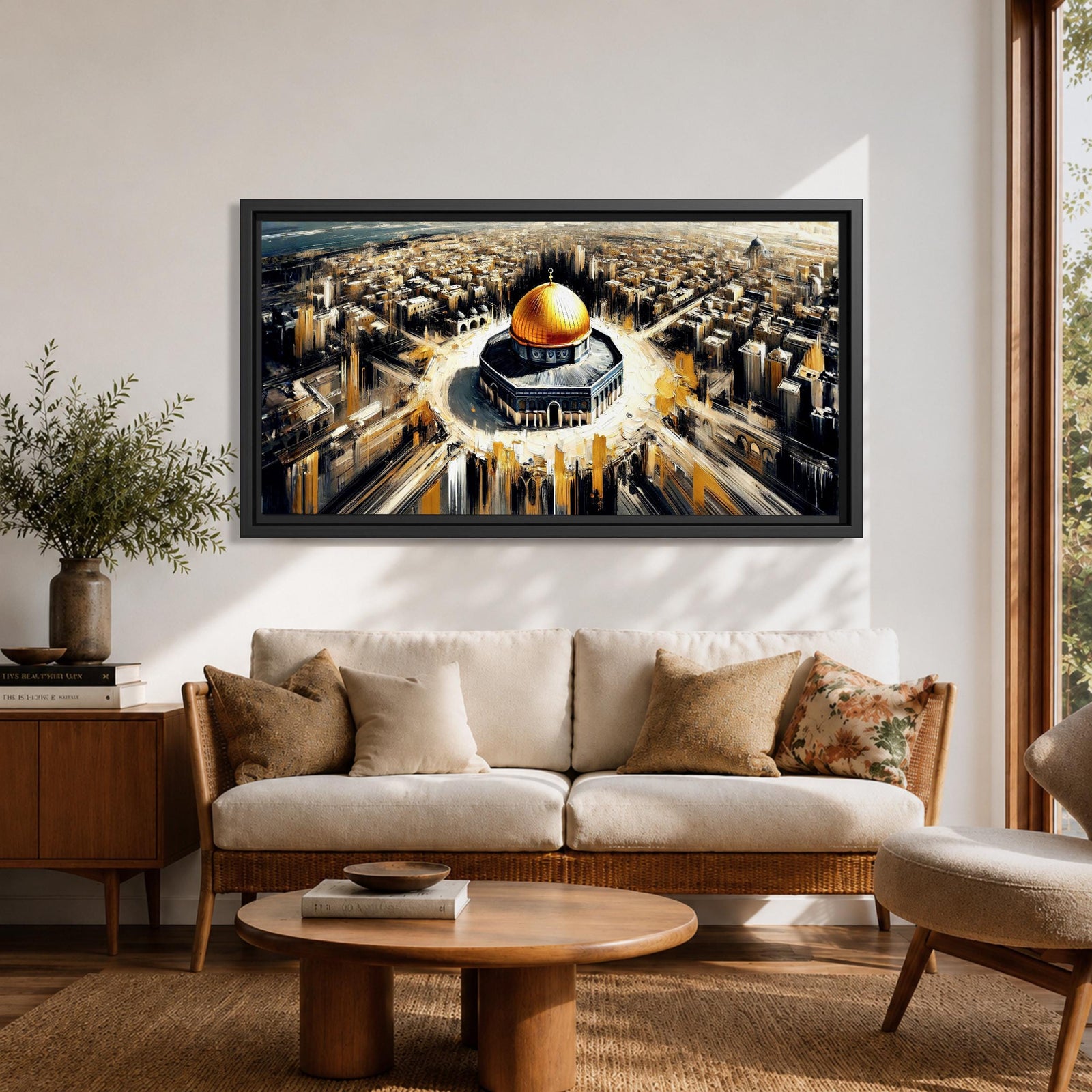 A panoramic expressive painting of Masjid Al Aqsa with its golden dome centered within a sweeping aerial view of Jerusalem, surrounded by dense architectural forms rendered in textured strokes, with dynamic lines and contrasting tones that create movement, depth, and a dramatic cityscape composition.