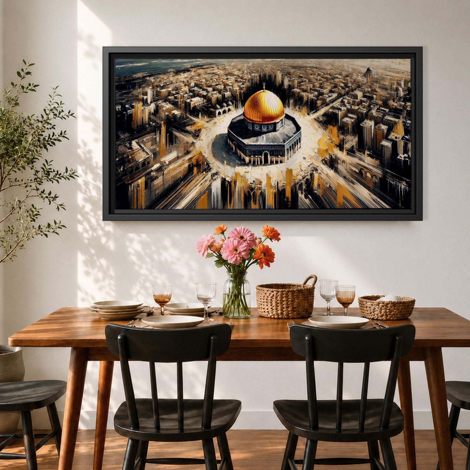 A panoramic expressive painting of Masjid Al Aqsa with its golden dome centered within a sweeping aerial view of Jerusalem, surrounded by dense architectural forms rendered in textured strokes, with dynamic lines and contrasting tones that create movement, depth, and a dramatic cityscape composition.