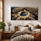 A panoramic expressive painting of Masjid Al Aqsa with its golden dome centered within a sweeping aerial view of Jerusalem, surrounded by dense architectural forms rendered in textured strokes, with dynamic lines and contrasting tones that create movement, depth, and a dramatic cityscape composition.