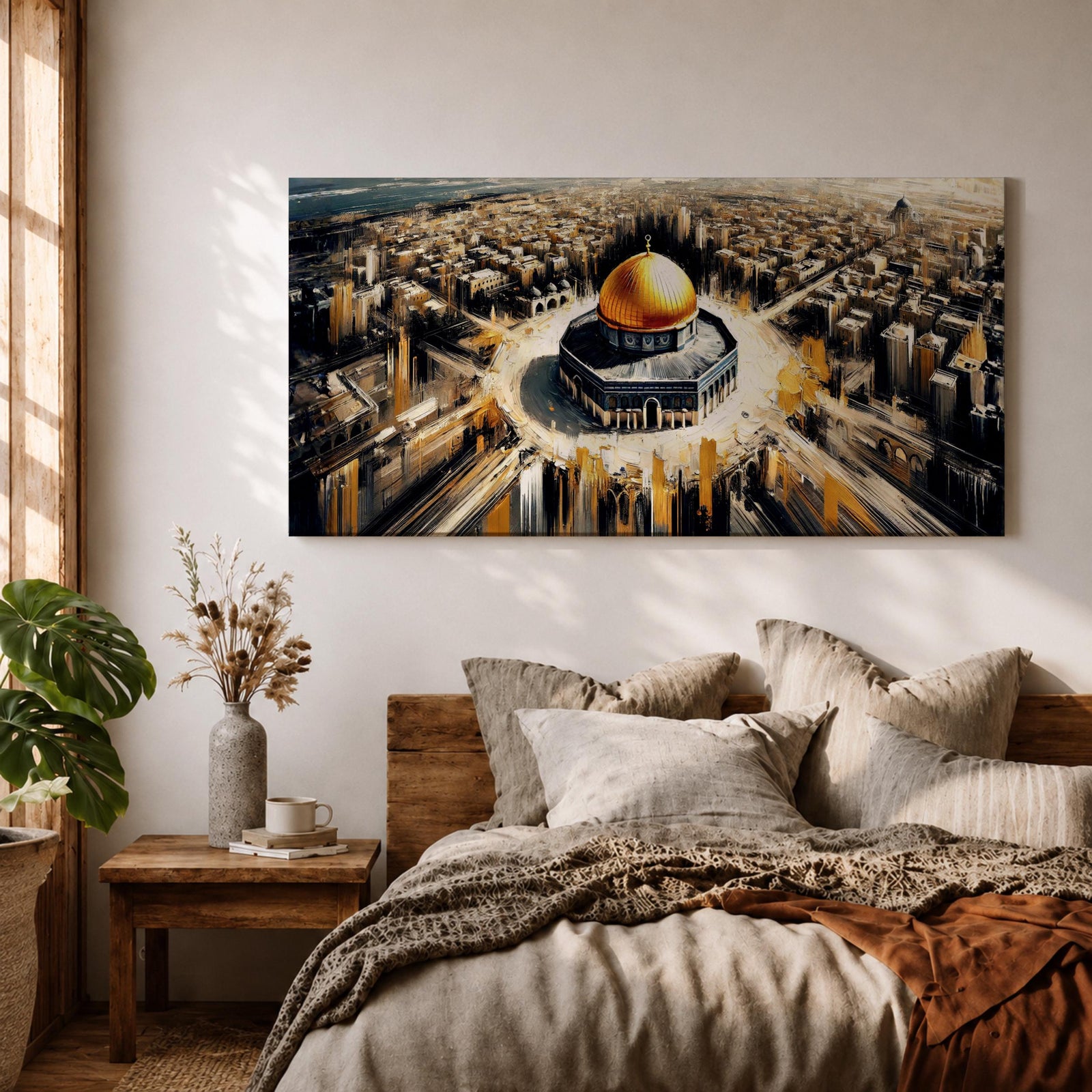 A panoramic expressive painting of Masjid Al Aqsa with its golden dome centered within a sweeping aerial view of Jerusalem, surrounded by dense architectural forms rendered in textured strokes, with dynamic lines and contrasting tones that create movement, depth, and a dramatic cityscape composition.