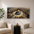 A panoramic expressive painting of Masjid Al Aqsa with its golden dome centered within a sweeping aerial view of Jerusalem, surrounded by dense architectural forms rendered in textured strokes, with dynamic lines and contrasting tones that create movement, depth, and a dramatic cityscape composition.