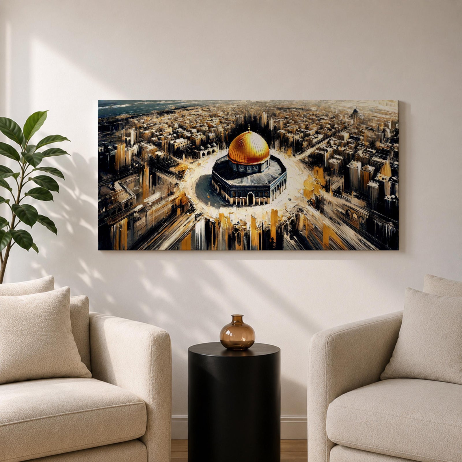A panoramic expressive painting of Masjid Al Aqsa with its golden dome centered within a sweeping aerial view of Jerusalem, surrounded by dense architectural forms rendered in textured strokes, with dynamic lines and contrasting tones that create movement, depth, and a dramatic cityscape composition.