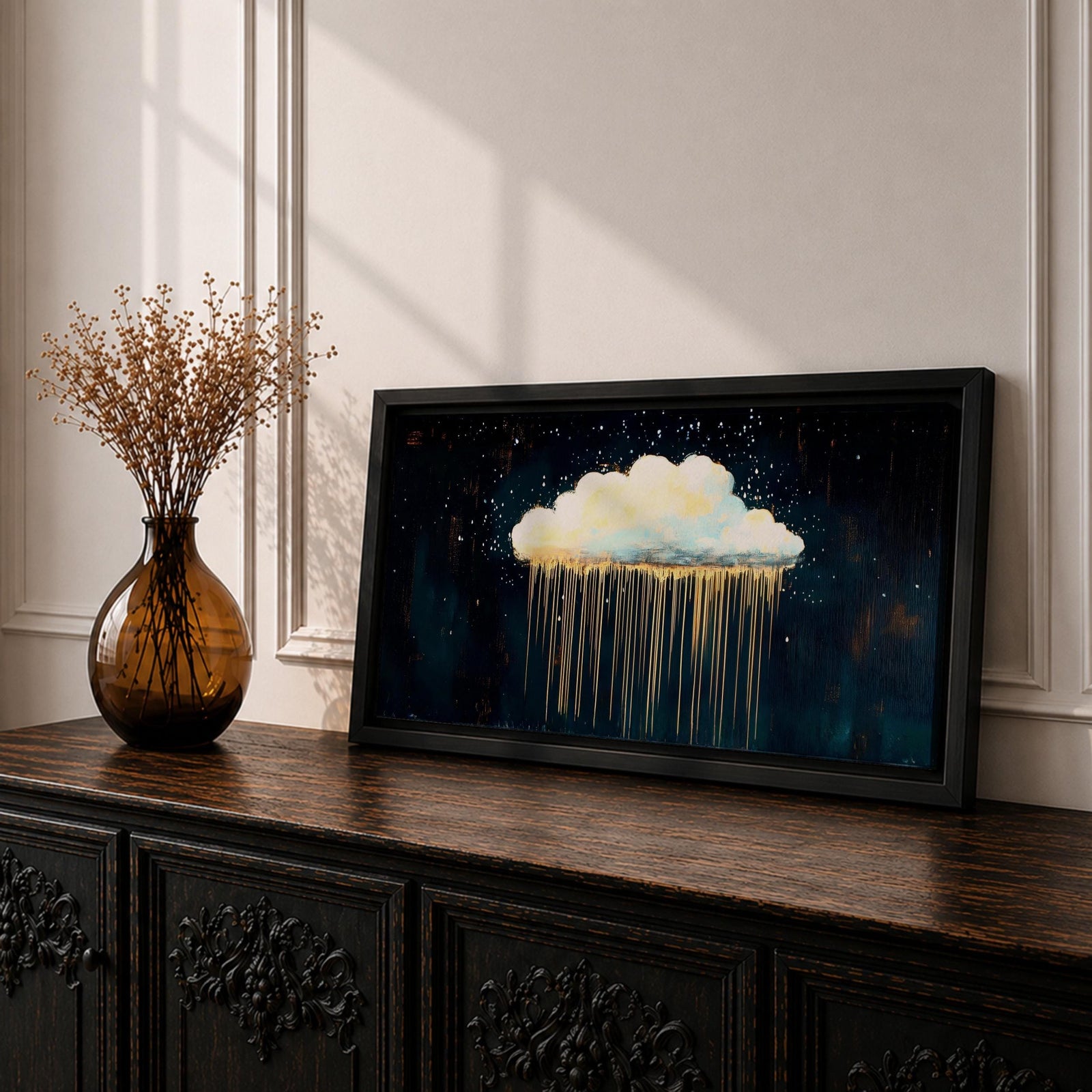 Cloud Panoramic Wall Art Abstract Gold Rain Extra Wide Framed Canvas Night Sky Decor