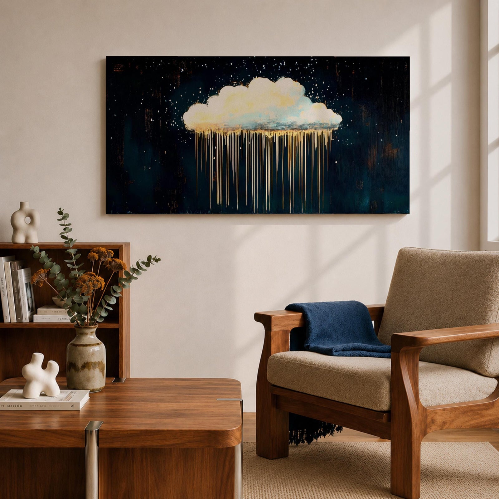 Cloud Panoramic Wall Art Abstract Gold Rain Extra Wide Framed Canvas Night Sky Decor
