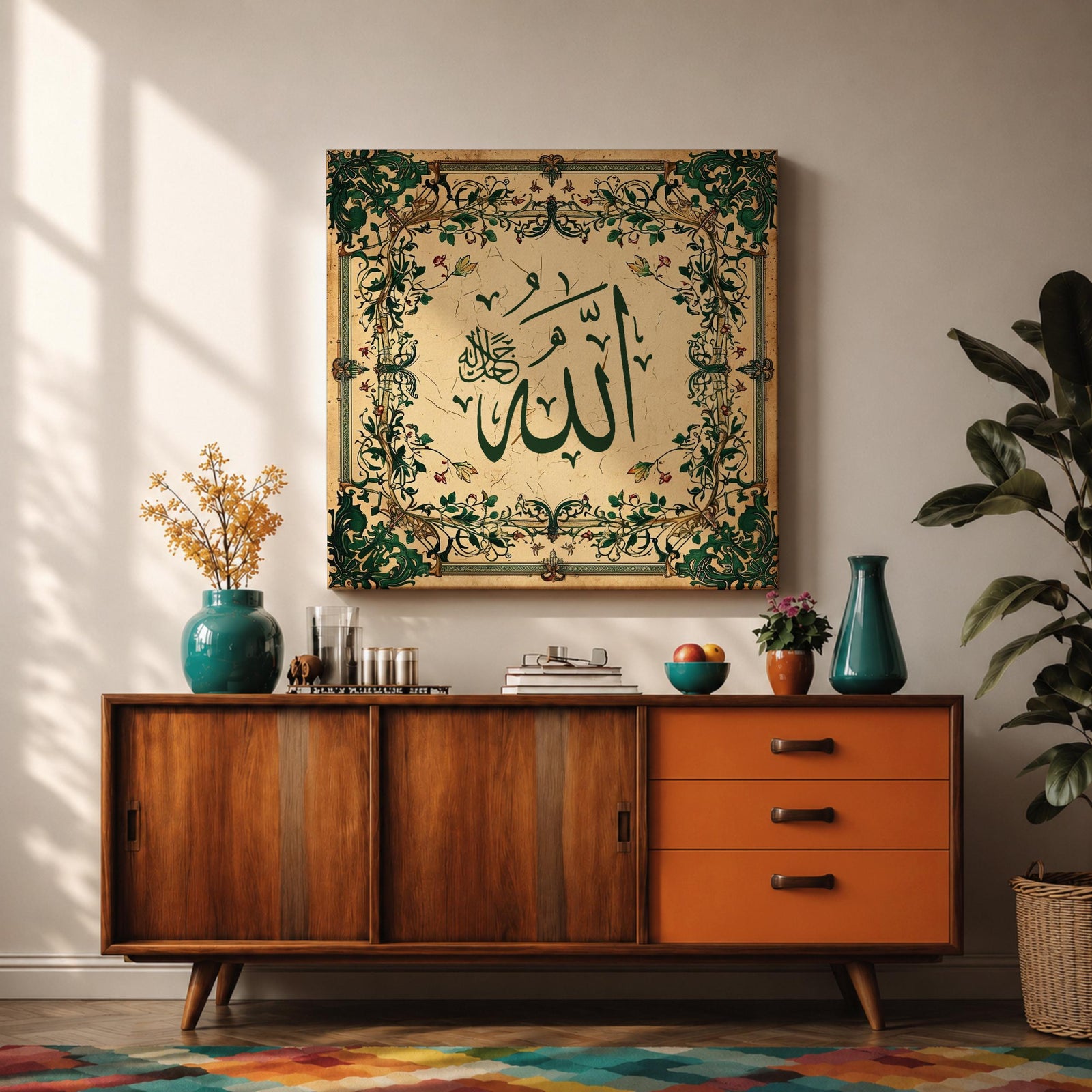 Allah Wall Art Floral Arabesque Framed Canvas Arabic Calligraphy Islamic Home Decor