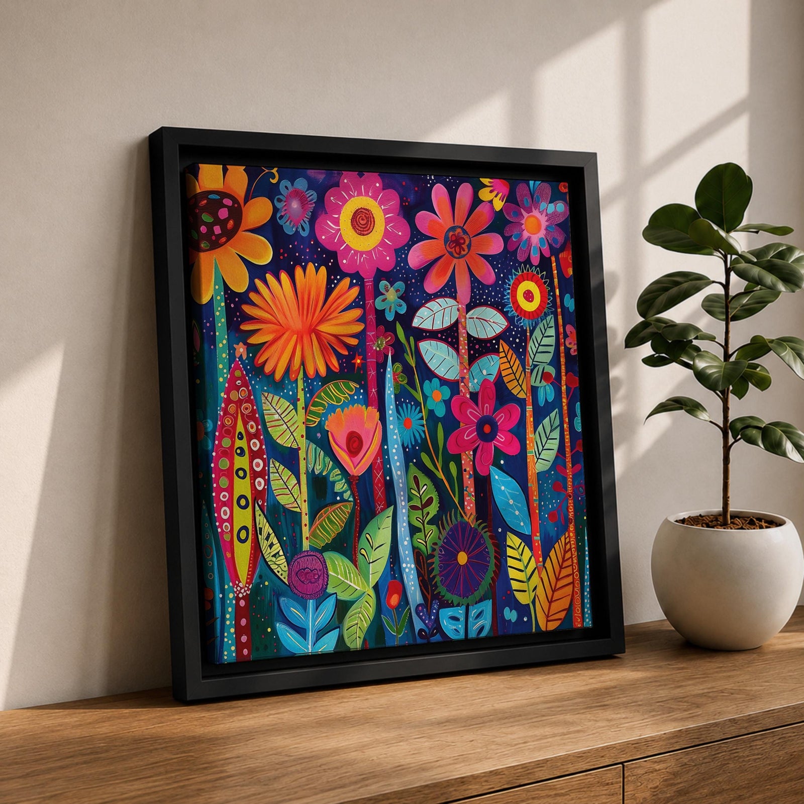 Whimsical Floral Garden Wall Art Colorful Flower Painting Framed Canvas Botanical Home Decor
