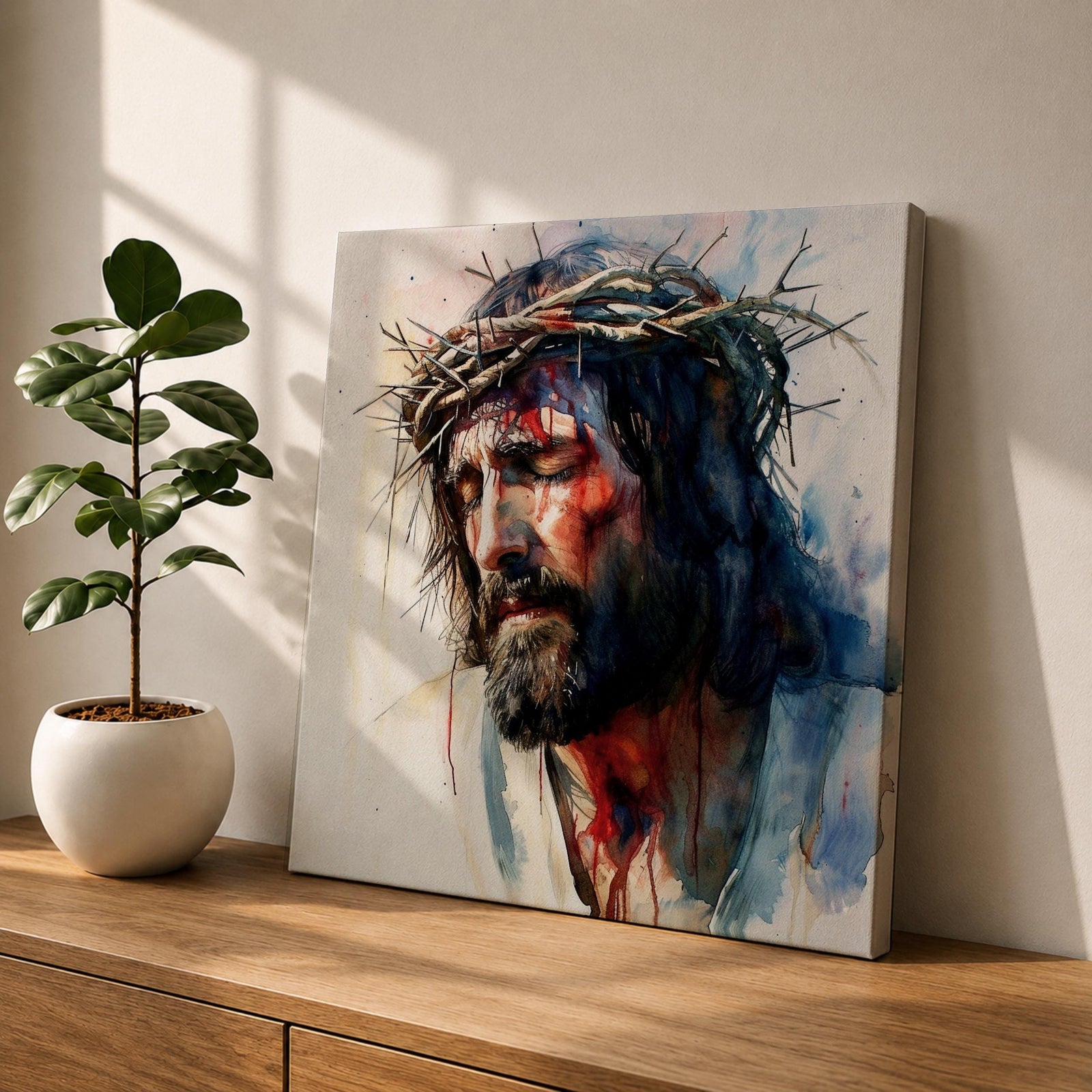 Jesus Crown of Thorns Wall Art Passion of Christ Framed Canvas Watercolor Christian Decor
