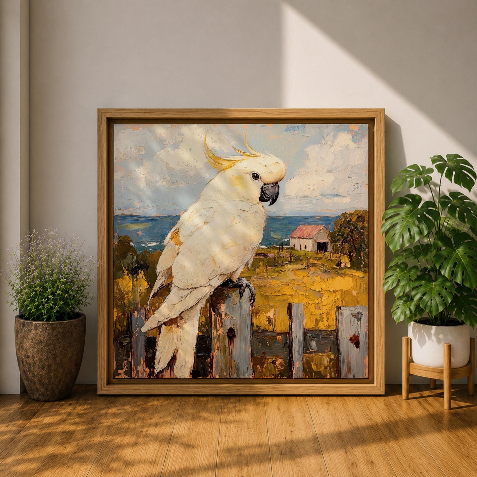Cockatoo Wall Art Sulphur Crested Parrot Framed Canvas Australian Bird Impasto Animal Home Decor