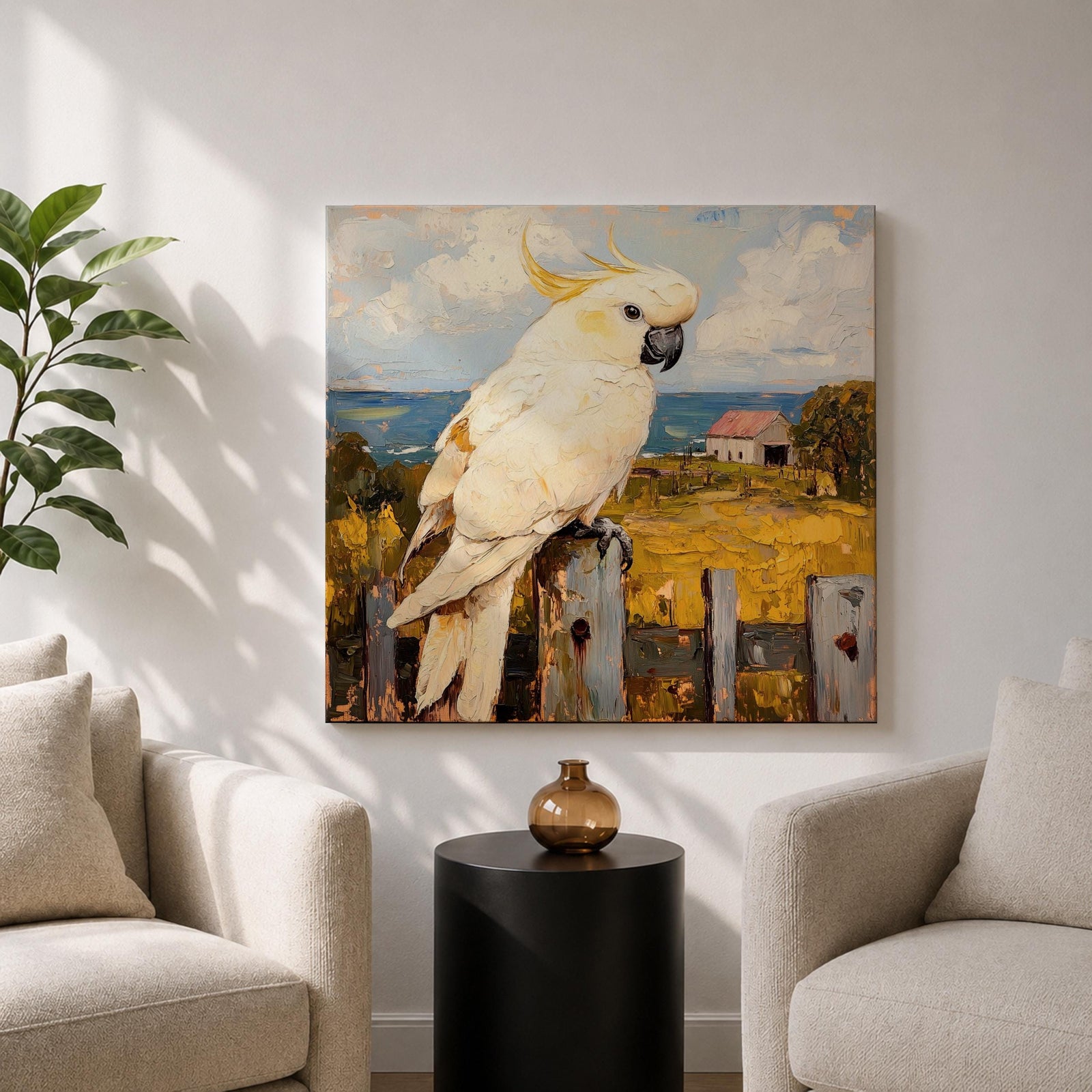 Cockatoo Wall Art Sulphur Crested Parrot Framed Canvas Australian Bird Impasto Animal Home Decor