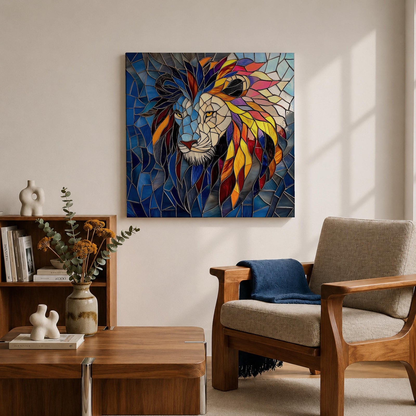 Lion Wall Art Savanna King Framed Canvas Jungle Stained Glass Safari Wildlife Decor