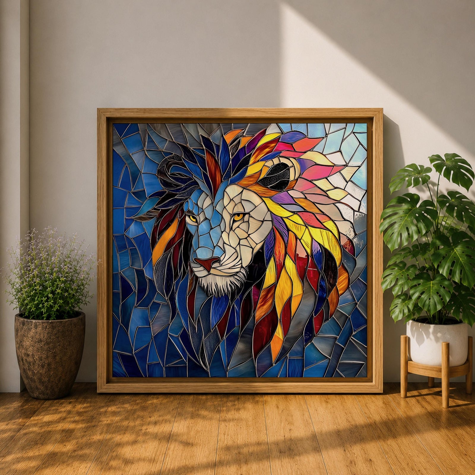 Lion Wall Art Savanna King Framed Canvas Jungle Stained Glass Safari Wildlife Decor