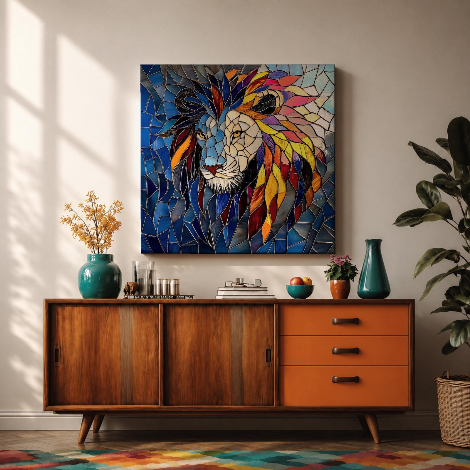 Lion Wall Art Savanna King Framed Canvas Jungle Stained Glass Safari Wildlife Decor