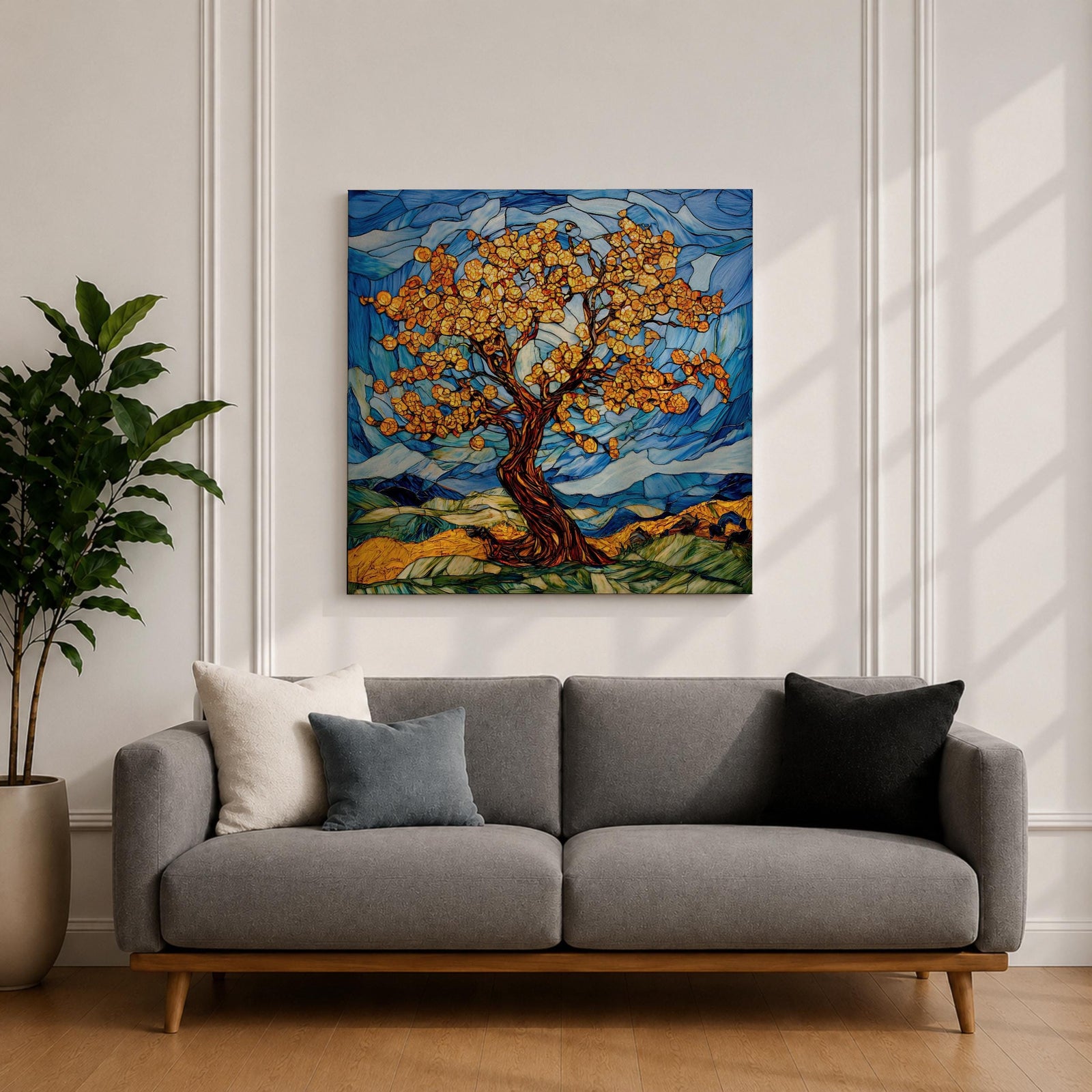 Tree Wall Art Yggdrasil Framed Canvas Stained Glass Botanical Mosaic Home Decor