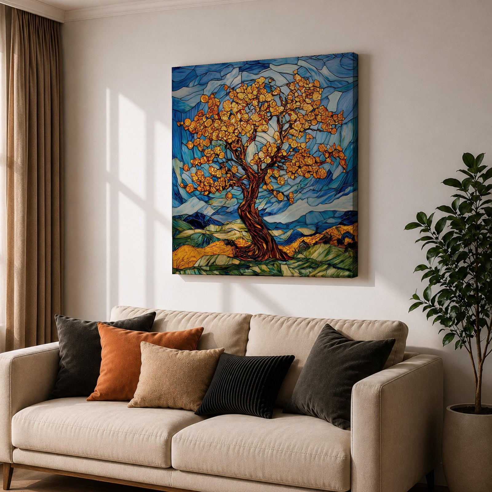 Tree Wall Art Yggdrasil Framed Canvas Stained Glass Botanical Mosaic Home Decor