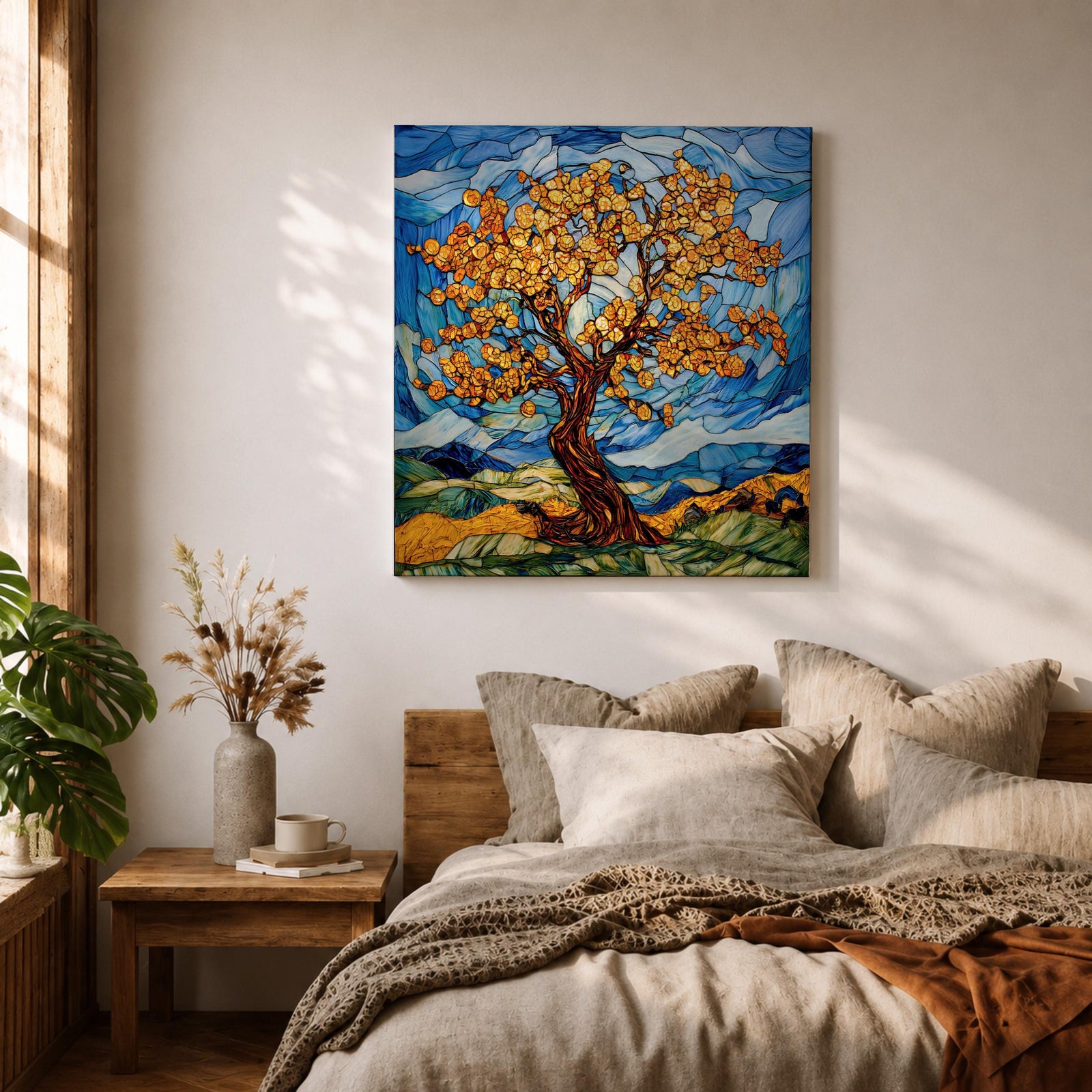 Tree Wall Art Yggdrasil Framed Canvas Stained Glass Botanical Mosaic Home Decor