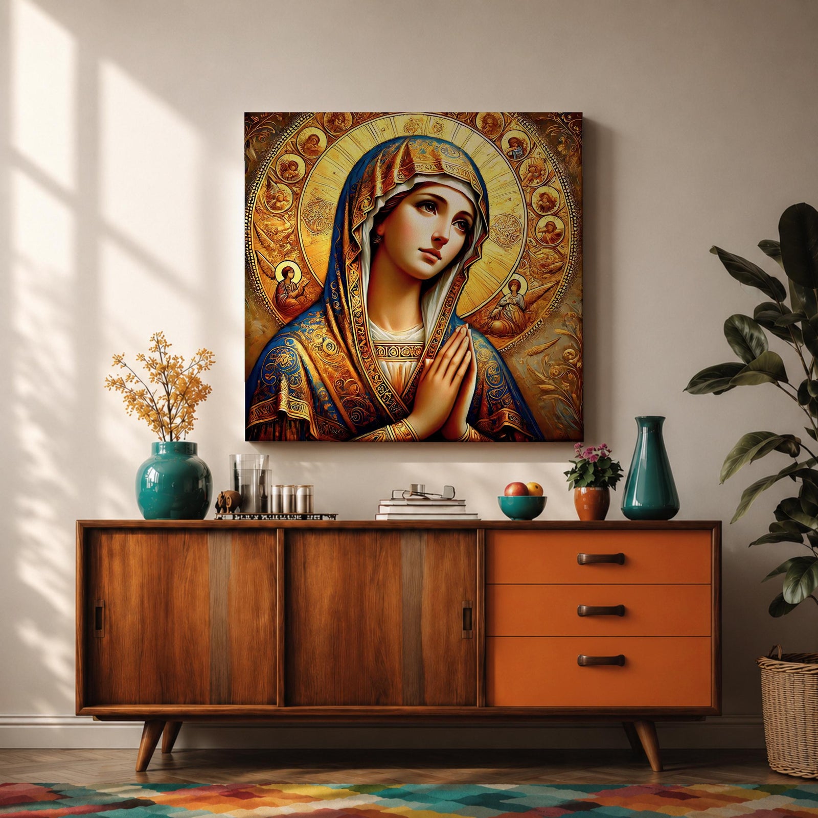 Virgin Mary Wall Art Theotokos Framed Canvas Catholic Byzantine Icon Home Decor